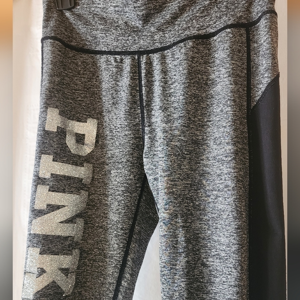 Victoria's Secret PINK Gray & Black Leggings Silver Glitter Graphic Logo Sz M/L - Picture 2 of 9